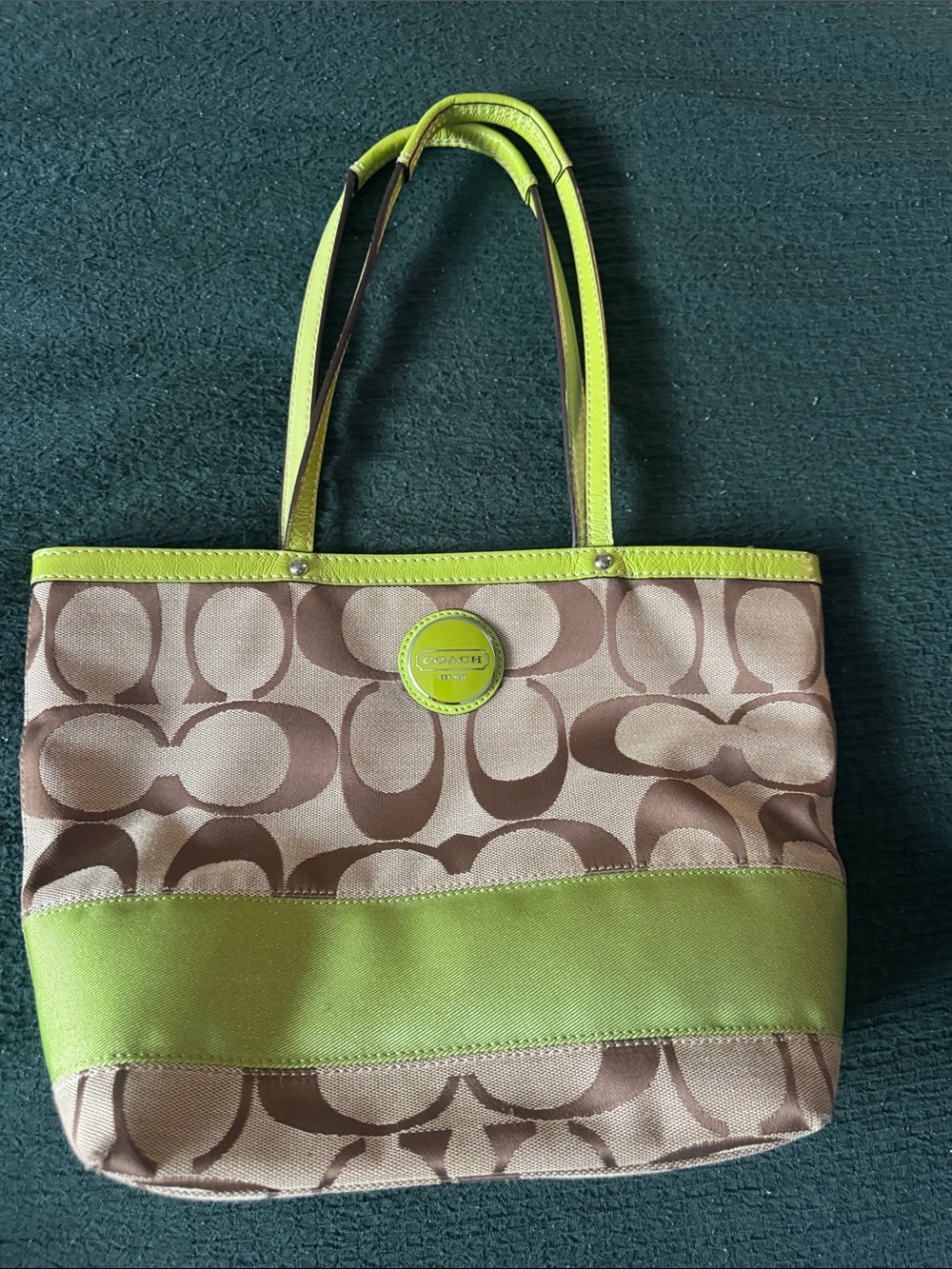 Coach Brown Signature Canvas Tote with Lime Trim